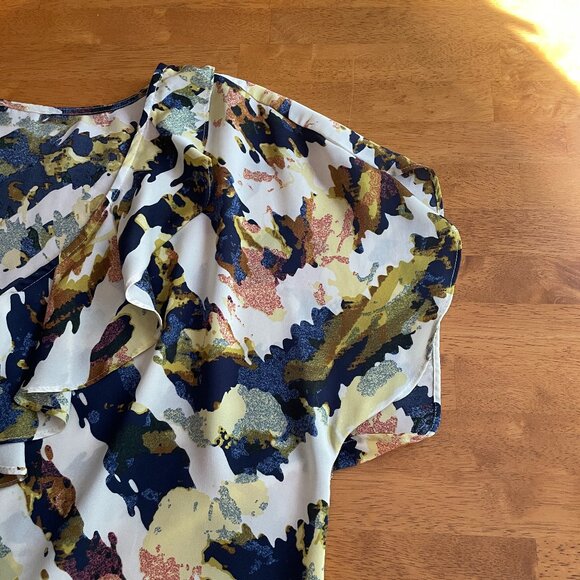 Size XL Daisy Fuentes blue yellow white blouse with ruffles - Picture 7 of 10